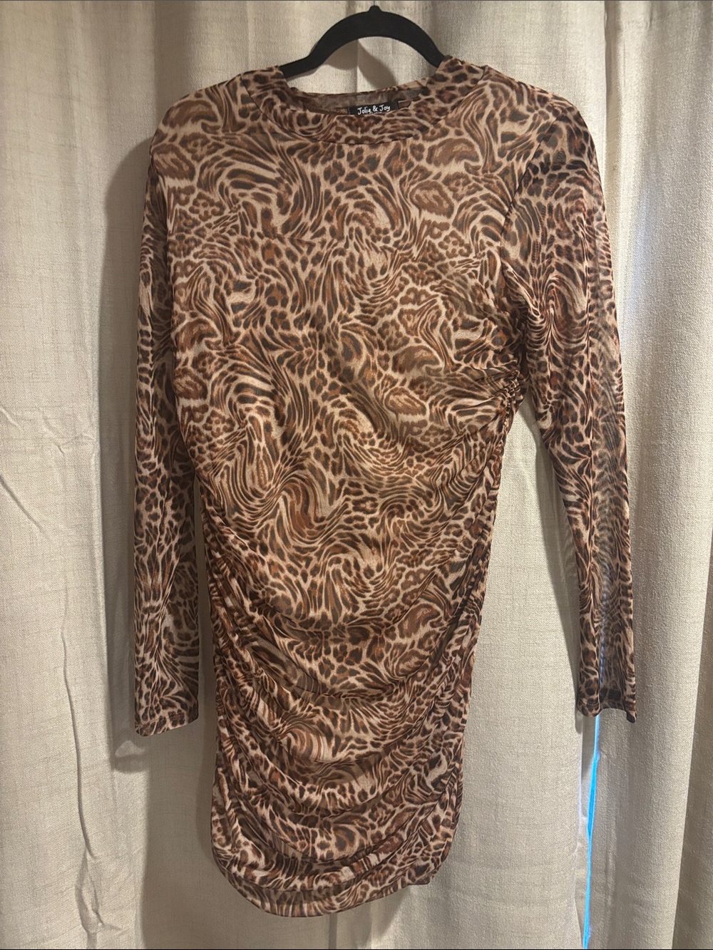 Brown Animal-Print Long Sleeve Ruched Dress